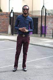 Men S Burgundy Pants Trousers Navy Blue Shirt Patent Shoesblack Street Style Fashioncadet Pantalon Bordeaux Homme Pantalon Chino Homme Pantalon Chino