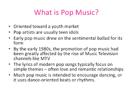 Music intended for or accepted by a wide audience, usually with a commercial basis and distinguished from other genres such as classical music and folk music. Pop And Ballad Music