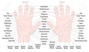 hand reflexology zone massage chart with areas and names of the