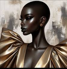 Digital fashion illustration of petite woman with buzz cut and golden  kimono dress