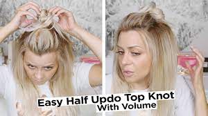 Easy Half Updo Top Knot Hair Style With Volume Always Love This One Usually Just Grab Away From Face To Do Makeup And T Top Knot Hairstyles Top Knot Half Updo