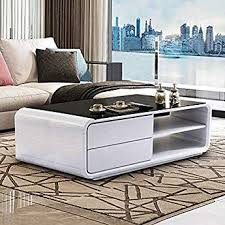 Tukailai Modern Black White High Gloss Coffee Table 8mm Black Tempered Glass Top With Storage Drawe Marble Tables Living Room Coffee Table Stylish Coffee Table