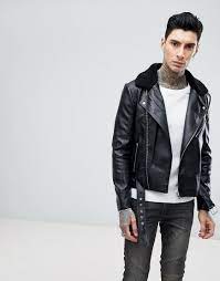 Asos Design Faux Leather Biker Jacket With Fleece Collar In Black Black Asosdesign Faux Leather Biker Jacket Biker Jacket Black Biker Jacket