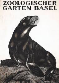 Old Original 1930s Swiss Zoo Basel Poster Plakat Seal Basel Zoo Lithograph