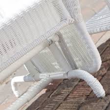 Chair, table and glider with light brown tone; White Resin Wicker Outdoor 2 Seat Loveseat Glider Bench Patio Armchair Fastfurnishings Com