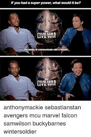 Pagesmediatv & moviesmovie characterthe falcon and the winter soldier. If You Had A Super Power What Would It Be War The Ability To Communicate With A Female Kiva War Anthonymackie Sebastianstan Avengers Mcu Marvel Falcon Samwilson Buckybarnes Wintersoldier Meme On