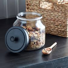 Set of 3 kitchen canisters in various sizes. Glass Canisters With Matte Black Lids The Container Store