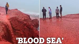 Chilling videos show eerie 'blood rain' as beach is turned bright RED in  Biblical scenes: 'The power of God'