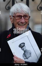 88-year-old Ruth Gayfer, whose parents Edwin Oliver and Evelyn Boyce were  in the First World War, outside Westminster Abbey, London, before attending  a National Service to mark the centenary of the Armistice