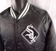 Vintage Chicago White Sox Satin Jacket L Black Baseball Coat Large Snap Button Satin Jackets White Sock Jackets