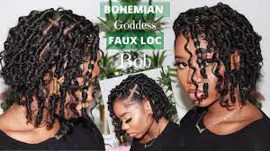 New Bohemian Goddess Faux Loc Bob Crochet Method No Rubber Band Only Half Pack Of Hair You Faux Locs Hairstyles Curly Faux Locs Twist Braid Hairstyles