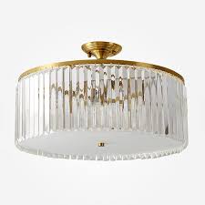 Mid Century Modern Round Crystal Semi Flush Mount In Gold With Crystal Strips Ceiling Light Ceiling Lights Flush Chandelier Flush Lighting