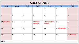 August 2019 Calendar With Holidays India Printable Calendar Template Holiday Calendar Printable Calendar Template