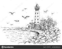 telecharger croquis de paysage le phare et la mer illustration dessin esquisse coloriage sofia