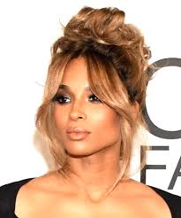 Ciara Long Wavy Brunette Updo Hairstyle with Blonde Highlights