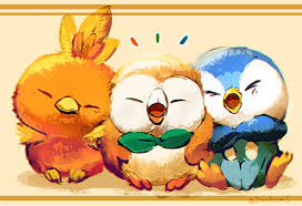 Animated Birds Of The Same Feather Flock Together Rowlet Torchic Piplup Starter Pokemon Birds Of A Feather Flock Together Cute Pokemon Pokemon Pokemon Starters