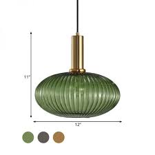 Gold Oval Pendant Lamp Modernist 1 Light Green Ribbed Glass Ceiling Light Fixture For Kitchen Glass Ceiling Lights Ceiling Lights Ceiling Light Fixtures