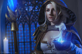 Wallpaper Jaina Proudmoore Warcraft Iii World Of Warcraft Video Games Video Game Characters White Hair Portrait Armor Sorceress Scepters Candles Church Blue Eyes Looking Away Depth Of Field Bokeh Hoods Cosplay