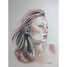 Original Art Drawing Portrait Sketch of a Girl in Black, White and Red