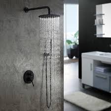 This matte black shower system is made of premium brass, has double cross handles to control hot and cold water, oil rubbed bronze finish help this black shower faucet resist corrosion. Modern Matte Black Wall Mounted Rain Shower System With 12 Round Rainfall Shower Head Handheld Shower