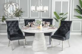 Some specific models of these black and white dining room chairs are covered with fabrics that give them ravishing looks. Urban Deco Carrera 130cm White Marble Dining Table And 4 Black Knockerback Chrome Leg Chairs Cfs Furniture Uk