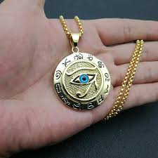 14K Yellow Gold Egyptian Blue Eye Of Horus Pendant Necklace 16