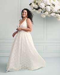 Plunging Lace Halter Plus Size Wedding Dress David S Bridal Davids Bridal Wedding Dresses Wedding Dress With Pockets Plus Size Wedding