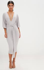 Ice Grey Kimono Sleeve Tie Waist Midi Dress Kimono Dress Outfit Dresses Womens Cocktail Dresses