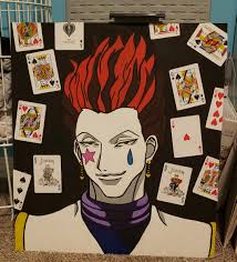 Hisoka the magician uses playing cards as weapons, and tends to wear clothes decorated with card suits. I Painted A Big Hisoka On A Piece Of Wood I Glued Playing Cards On It As A Background Now I Have To Figure Out How To Hang It On A Wall