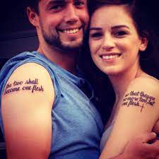 So basically, it is not just a christian thing. Our Tattoos Couples Tattoos Matching Tattoos Bible Tattoos Mark 10 8 Bible Tattoos Bible Quote Tattoos Couple Tattoo Quotes