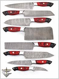 Custom Damascus Steel 8 Pcs Professional Kitchen Chef Knife Set Red Kitchen Knives Professional Kitchen Knives Knives Kitchen Chefs