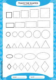 different shape sizes learning basic shapes trace and draw worksheet for preschool kids practicing motor skills square circle oval triangle blue stock vector adobe stock