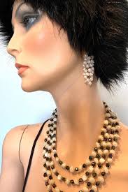 Vintage Pale Mother of Pearl Shell Beads Swarovski Crystals Gold Tone  Accents 4 Strand Necklace 21''