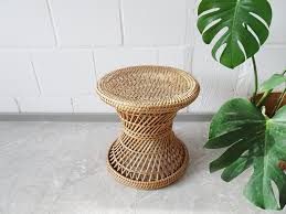 Round Rattan Side Table With Woven Cane Wicker Plant Stand Etsy Rattan Side Table Wicker Side Table Side Table