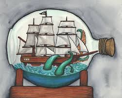 The giant tentacles violently rip the ship apart! Ship In A Bottle Being Attacked By A Kraken Art Print Etsy