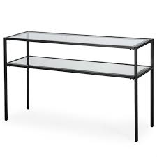 Crafted from metal in the carefully curated finish of your choice, its frame features slender legs and open sides for a bright, breezy feel. Black Steel Frame Console Table With Tempered Glass Top And Mirror Shelf Fastfurnishings Com