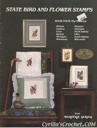 The design from heritage crafts has large scale black and white charts printed 10 stitches to 4.5 centimetres on two a3 sheets, one of the whole and partial cross stitch ( diagonal, horizontal and vertical) and the other with the added backstitch and long detail superimposed on the faded cross stitch. State Bird And Flower Stamps Book 4 The Midwest Cross Stitch State Pattern Book