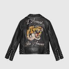 Gucci Children S Black Leather Jacket With An Embroidered Tiger And L Aveugle Par Amour Applique Kids Leather Jackets Leather Jacket Gucci Baby Clothes