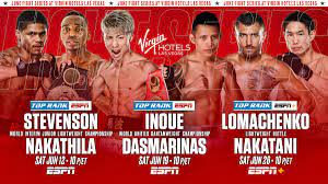Wba/ibf bantamweight champion naoya inoue (l) knocksdown michael dasmarinas (r) during their fight for the wba/ibf bantamweight championship at virgin hotels las vegas on june 19. Confirmed Ramirez Vs Taylor Stevenson Vs Nakathila Inoue Vs Dasmarinas Lomachenko Vs Nakatani Boxing News 24