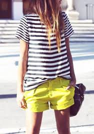 Black And White Striped Shirt And Shorts Women S Black And White Horizontal Striped Crew Neck T Shirt Yellow Shorts Black Leather Crossbody Bag Fashion Style Yellow Shorts