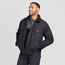 Men S Sherpa Lined Denim Trucker Jacket Goodfellow Co Black Target In 2020 Mens Sherpa Mens Puffer Jacket Trucker Jacket