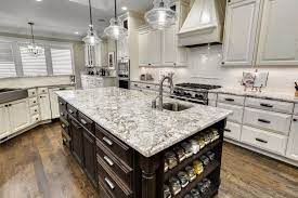 Blue Nile Granite Island And Perimeter Atop Mixed Stained Cabinets Beautiful Together Granite Countertops Countertops Kitchen Redo