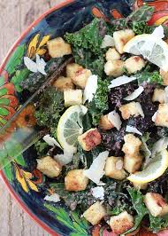 Kale Caesar Salad With Tofu Croutons Kalamata Caesar Dressing Recipe Kale Caesar Salad Salad Healthy Salad Recipes