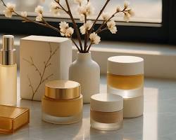 minimalist highend skincare products on a marble shelf with a plant and soft natural lighting luxury aesthetic, AI generated