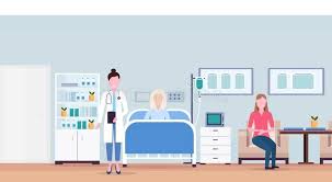 Female Doctor And Girl Visiting Patient Senior Woman Lying Bed Intensive Therapy Ward Healthcare Concept Hospital Room Interior Modern Medical Clinic Vector Il Di 2020