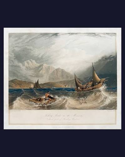 Fishing Boats in the Monsoon, Northern part of Bombay Harbour This hand-coloured aquatint, after a drawing by the marine painter Clarkson Stanfield, depicts native fishing boats labouring in a heavy monsoon sea