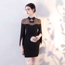 Proste Simple Czarne Przezroczyste Sukienki Wieczorowe 2018 Wysokiej Szyi Najpiekniejsze Ekskluzywne Dlugie Rekawy Krotkie Sukienki Wizytowe Evening Dresses Short Long Sleeve Dress Formal Short Black Short Dress