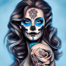 Beau crâne de bonbon en forme de crâne de bonbon pour femme aux yeux bleus  et aux longs cheveux bouclés, haute clarté, 8 carats, art numérique poli ·  Creative Fabrica