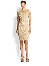 David Meister Embroidered Illusion Cocktail Dress Saks Com Gold Cocktail Dress Neutral Dress Cocktail Length Dress