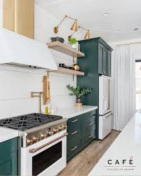 Maybe you would like to learn more about one of these? Designer Allison Campbell Selected Cafe Appliances Deep Green Cabinetry Bright White Backsplash Open White Kitchen Appliances Studio Kitchen Kitchen Design